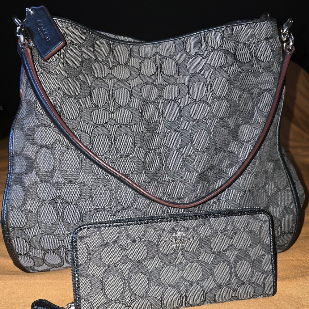 Coach Black and Gray Signature Shoulder Bag with Wallet